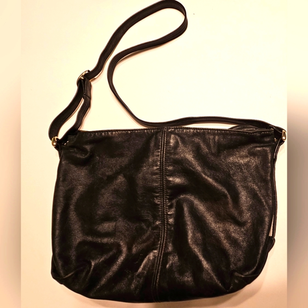 SAS Genuine Leather Black Hobo Shoulder Bag Adjustbl Strap 13×9×5 Pre-Owned EUC